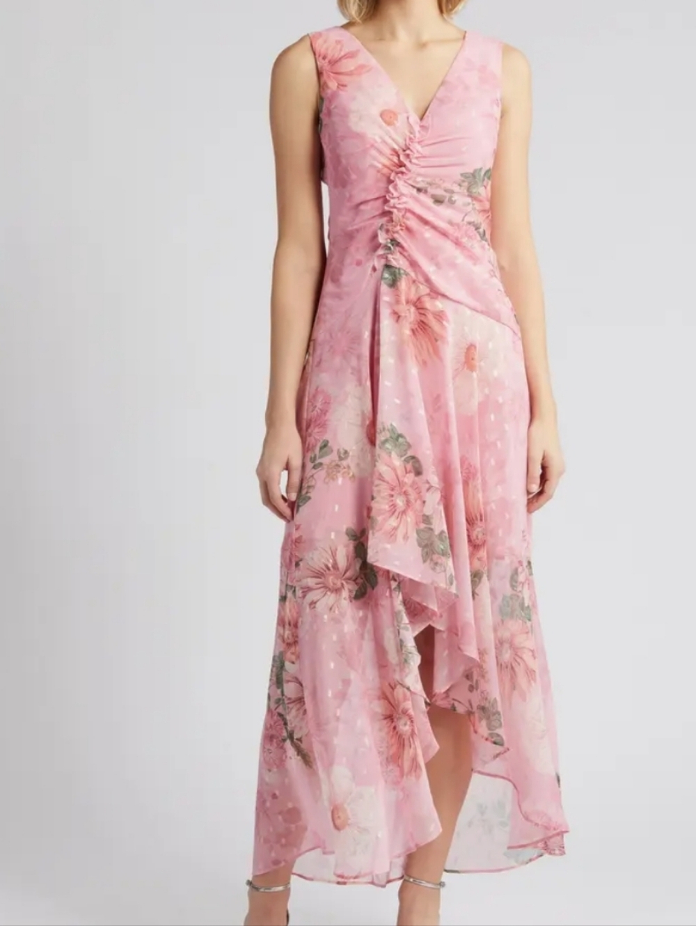 Eliza J Floral Ruched Clip Dot Chiffon Cocktail Dress